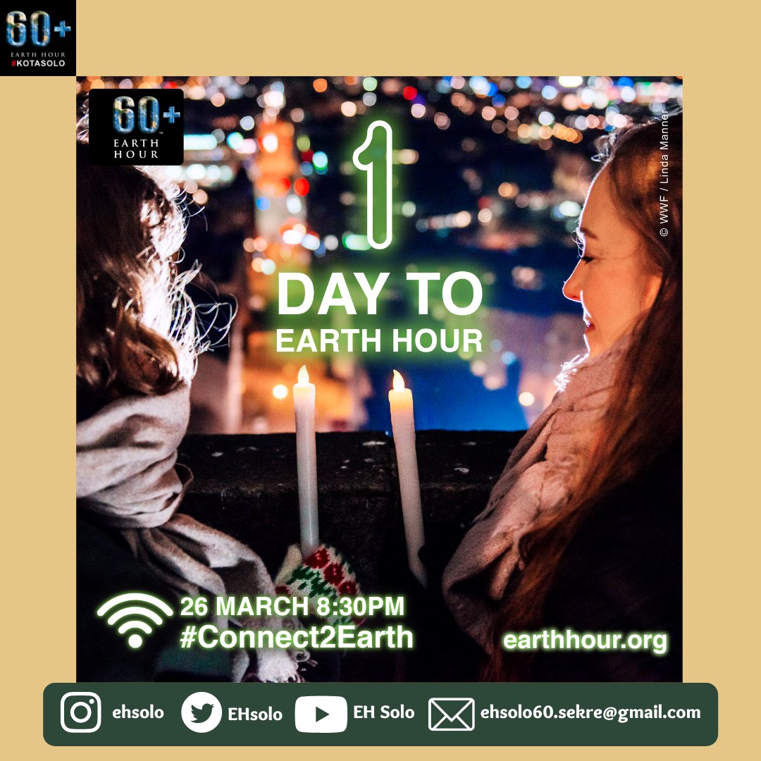 Tinggal 1 hari lagi nih menuju #EarthHour2022! Catat waktunya dan mari rayakan bersama untuk masa depan bumi yang lebih baik!

#IniAksiku #ShapeOurFuture #EarthHour
#EarthHour2022 #EarthHourSolo #Connect2Earth