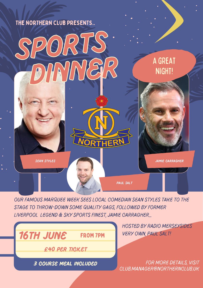 northernclub's tweet photo. Summer is fast approaching, and our famous marquee will be up! Join us for our sports dinner on the 16th June - @paulsaltysalt @Carra23 #seanstyles ..Get your tickets - https://t.co/a5qRiKQzGz https://t.co/C95lMWb7us