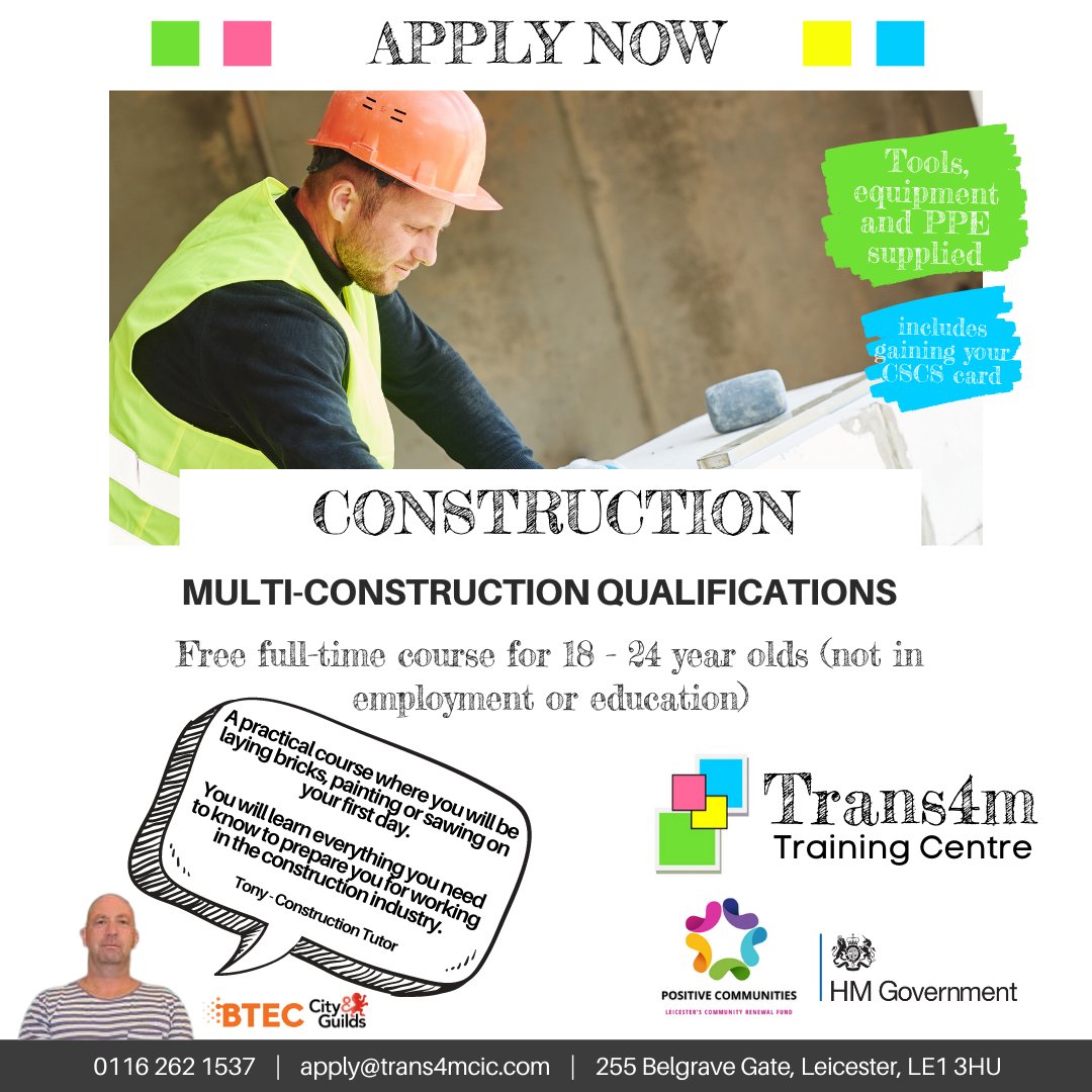 We are currently offering an accredited free 6-week course in Construction 👏👷‍♀️👷‍♂️

At the end of the course, you will receive a CSCS Card and Certification.

Want more information? 👇

trans4mleicester.co.uk/construction
<a href="/Positive_Coms/">Positive Communities</a>