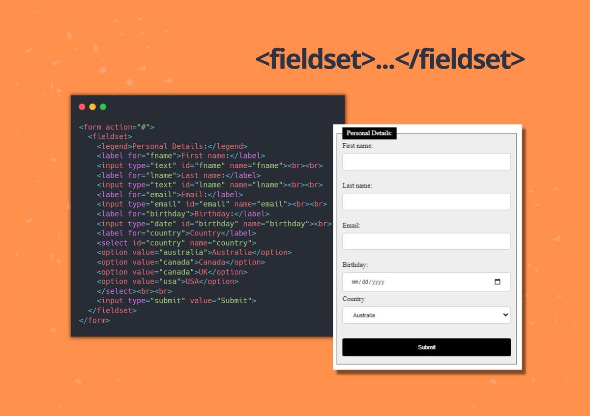 HTML Tip💡

⚡️HTML <fieldset> tag groups related form elements.

⚡️It draws a border with legend around the related elements.