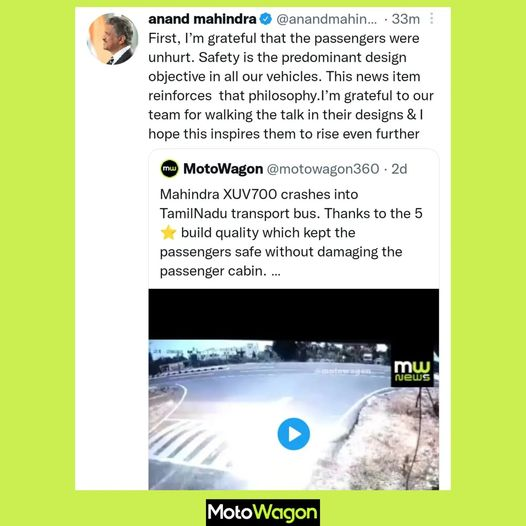 rnsaai's tweet photo. Anand Mahindra retweets our tweet of the XUV700 Crash. Are we dreaming Motofam? Anand Mahindra knows MotoWagon. Can we ask for anything more? For us this is huge. No words can measure our joy. Thank you so much for all this #motofam and https://t.co/B2RayC7eii