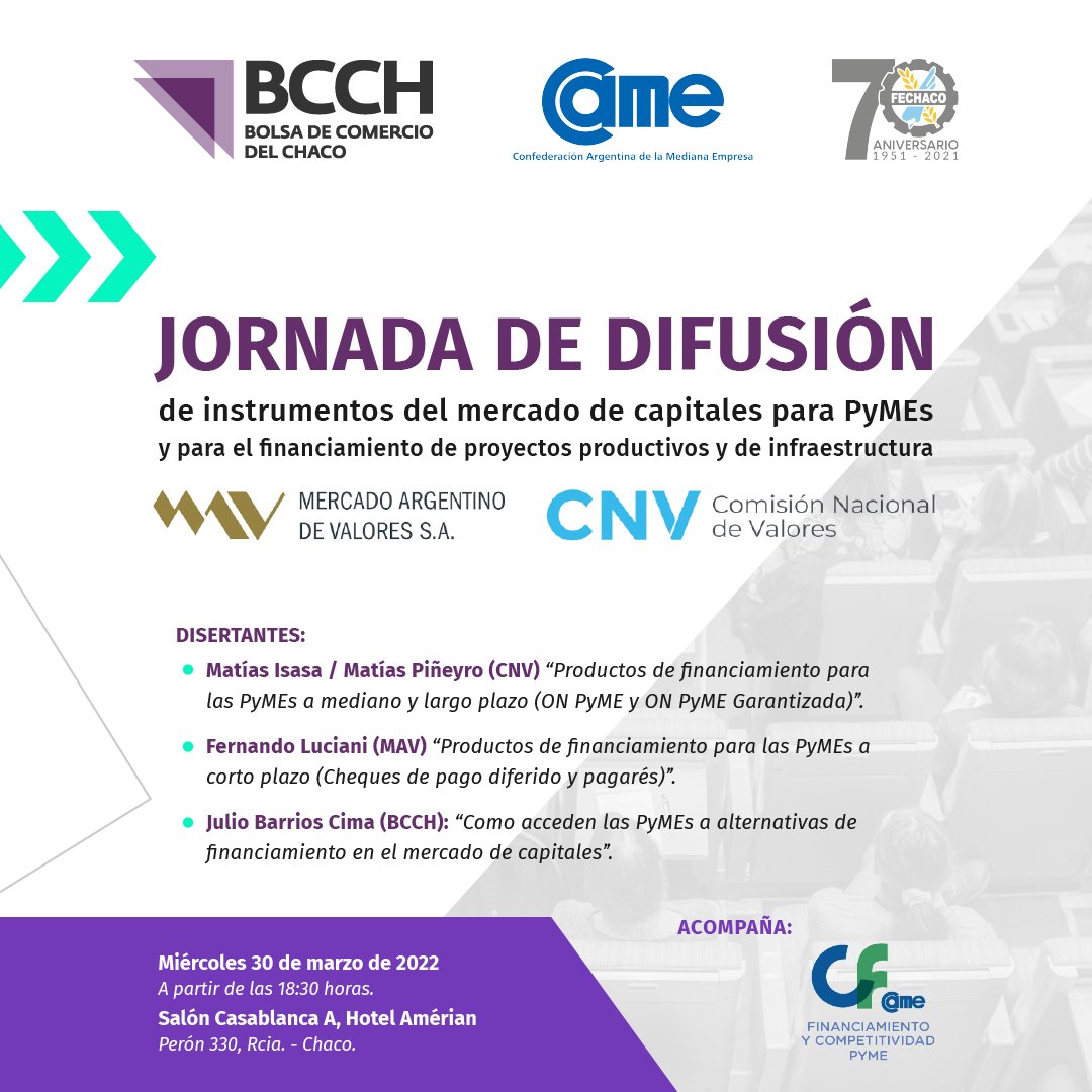redcame's tweet photo. 👩‍💻 El próximo 30/3, a las 18.30, sumate a la "Jornada de difusión de los instrumentos del mercado de capitales para pymes", organizada junto a @fechacochaco y la Bolsa de Comercio de Chaco.
〰️ Actividad presencial con transmisión virtual 〰️
Más info: https://t.co/bT5sc6Juxn https://t.co/70weMvVUP6