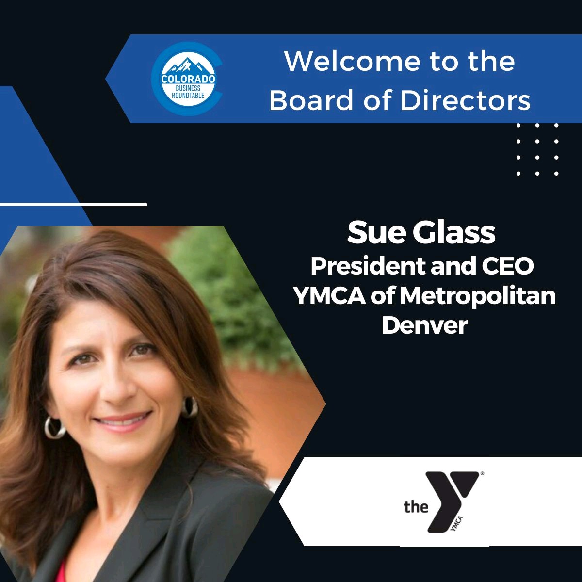 ColoradoBRT's tweet photo. We are proud to announce our new board member Sue Glass
President and CEO of YMCA of Metropolitan Denver! #CoPolitics #COBusiness #Denver https://t.co/St2OEOqZbP
