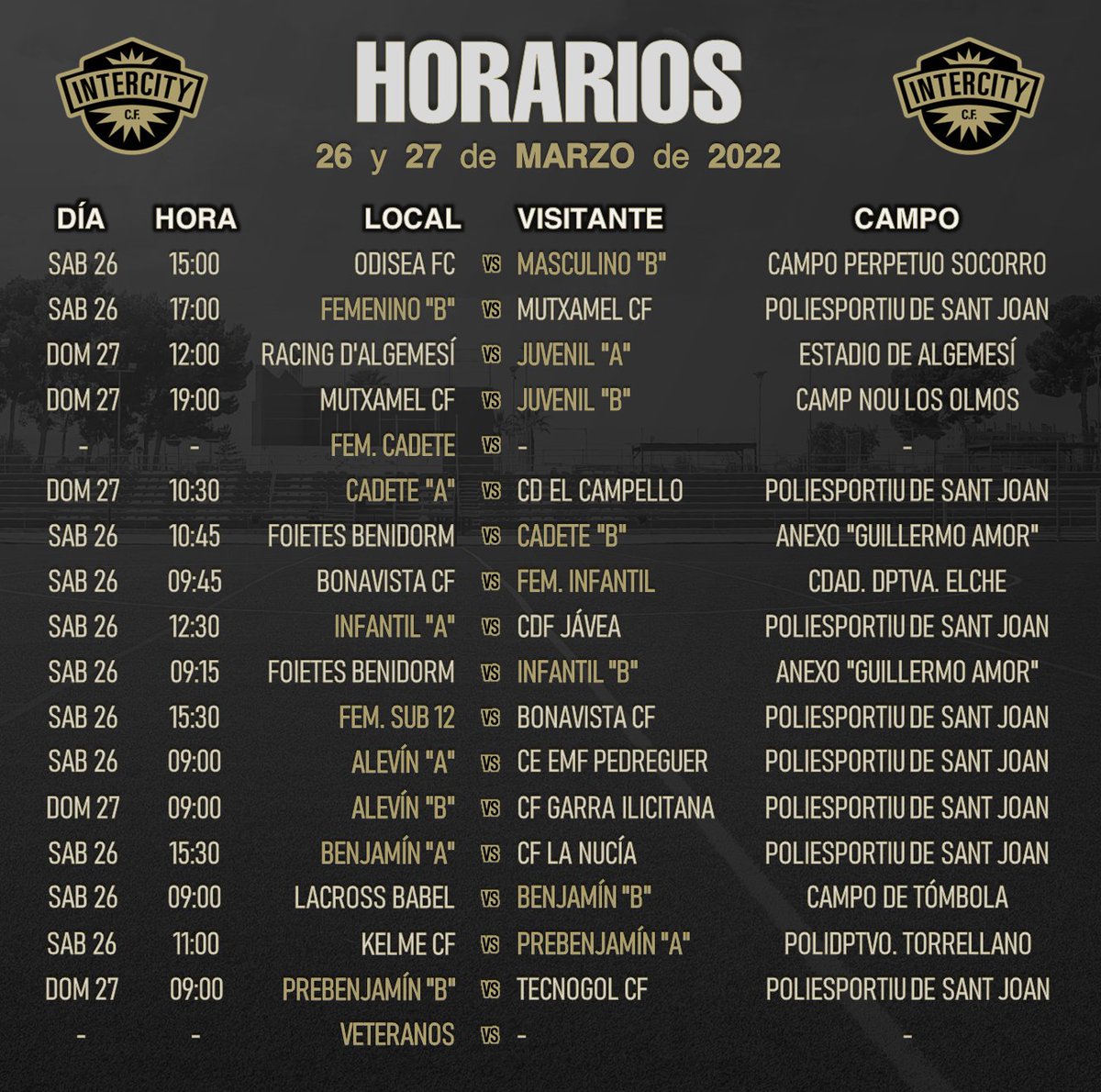 ⚽🖤 ¡Estos son los horarios del Fútbol Base Masculino y Femenino del CF Intercity!

💪🏼 ¡Suerte a todos los equipos! 

🥳 ¡𝘼 𝙙𝙞𝙨𝙛𝙧𝙪𝙩𝙖𝙧!