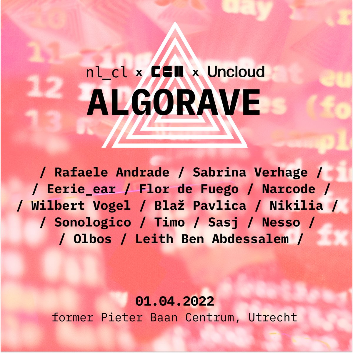 Creative Coding Utrecht (@cc_utr) on Twitter photo The line-up is here! Friday next week <a href="/NL_CodingLive/">Netherlands Coding Live</a>, Uncloud & CCU are throwing a big party to celebrate 10 years of the international <a href="/algorave/">Algorave</a> movement. Check out this eclectic line-up of both seasoned and new performers and get your ticket here 👉ccu.stager.nl/web/tickets/11… The line-up is here! Friday next week <a href="/NL_CodingLive/">Netherlands Coding Live</a>, Uncloud & CCU are throwing a big party to celebrate 10 years of the international <a href="/algorave/">Algorave</a> movement. Check out this eclectic line-up of both seasoned and new performers and get your ticket here 👉ccu.stager.nl/web/tickets/11…