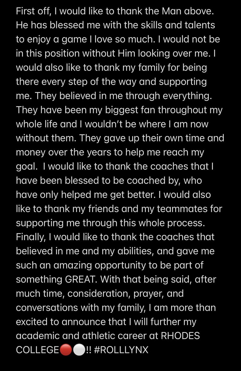 1003% committed to continue my academic and athletic career at Rhodes College‼️. Looking forward to getting to work. #ROLLLYNX🔴⚪️ @BNHSFOOTBALL09 <a href="/coachrichduncan/">Rich Duncan</a> <a href="/CoachKalb1/">Matt Kalb</a>