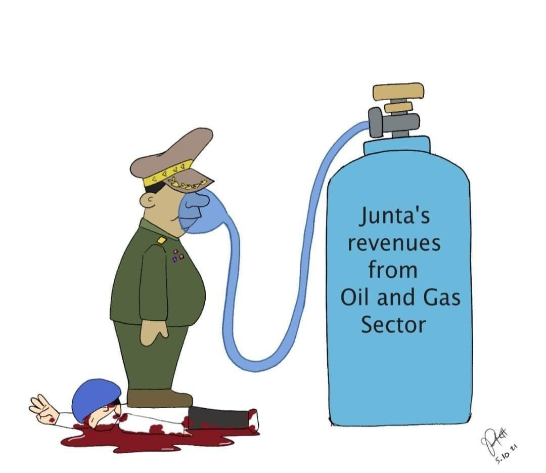 Myanmar's oil &amp; gas sector is one of the Junta's most important income. Junta uses the revenues to trade, buy weapons, tech &amp; supplies to use in terrorizing &amp; killing people for decades. #US_SanctionMOGE before junta gets massive funds to commit more crimes.
#GenocidalMilitary