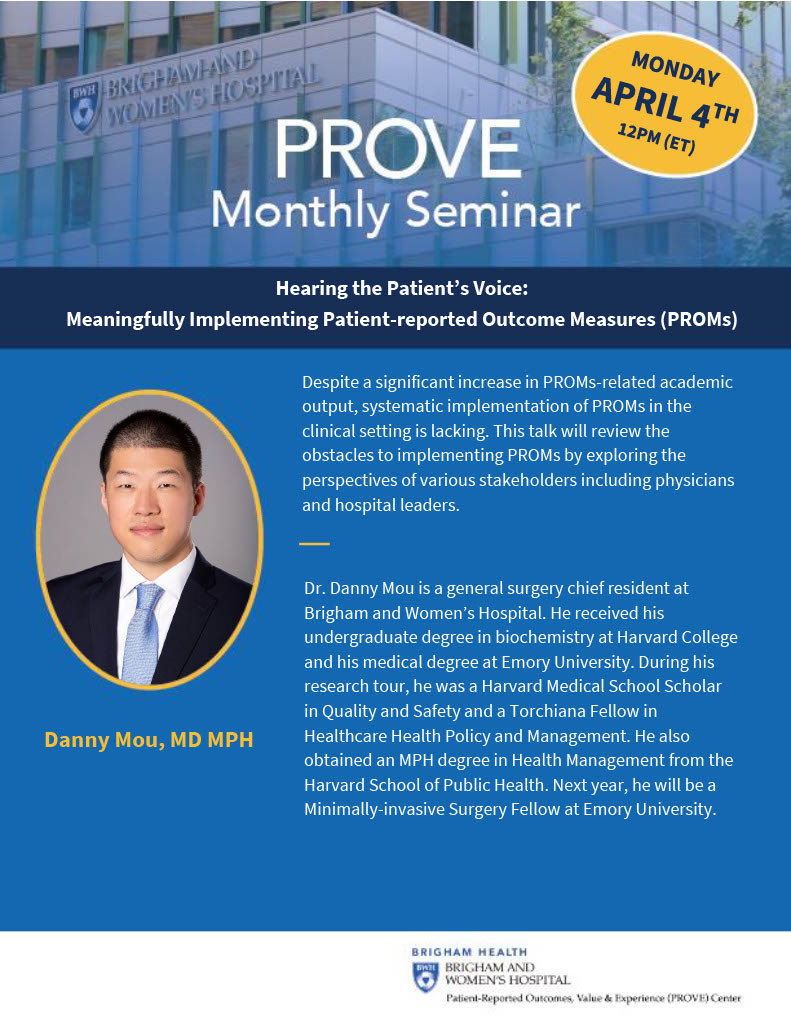 Another excellent upcoming presentation in the @harvardmed @BrighamSurgery #PROVE monthly series! @DannyMouMD will talk about #topdown #barriers to #PROM #implementation, highlighting perspectives of physicians and hospital leaders. 👉 👉 partners.zoom.us/meeting/regist…