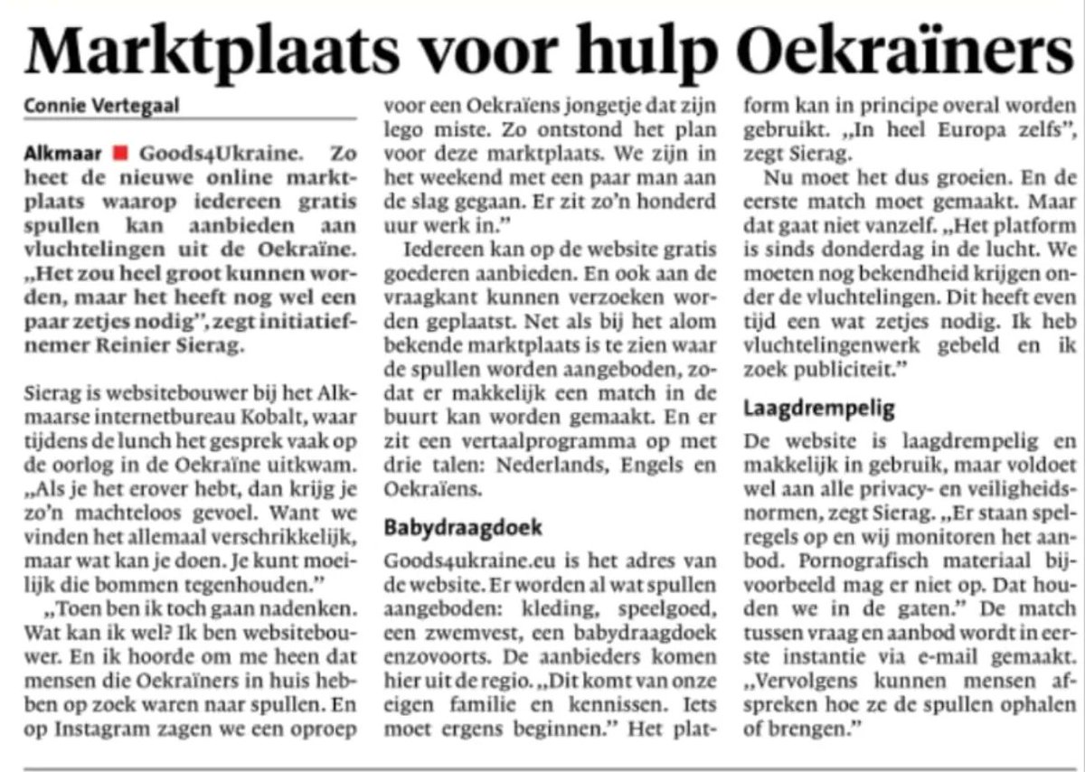 Bedankt ! De website goods4ukraine.eu begint steeds meer te vullen met aangeboden spullen en wordt opgepakt door de pers, tof! + Gezocht! Naast het aanbod zijn we nu vooral op zoek naar 'de vraag'. Ken jij een vluchteling die iets nodig heeft? Delen is lief! #helpmee