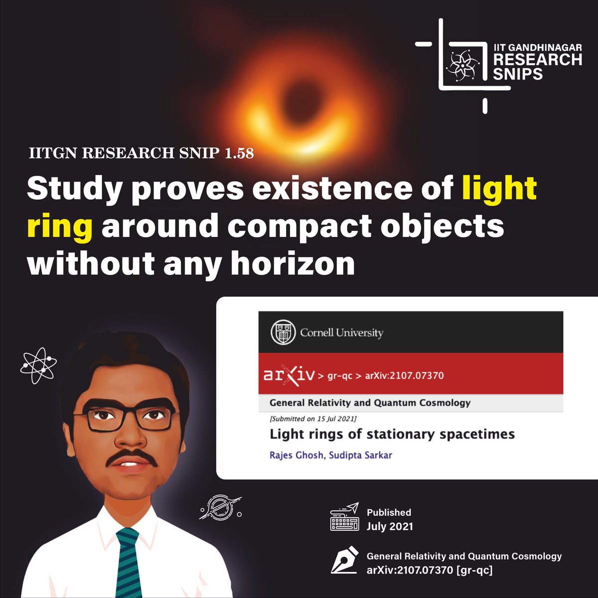 iitgn's tweet photo. #IITGNResearchSnip 1.58: This work proves the existence of #LightRings around compact objects that need not necessarily be #BlackHoles. The strong gravity of the compact objects curves the light rays and they are forced to rotate around the objects thereby forming a light ring. https://t.co/3lQCZmGwHy