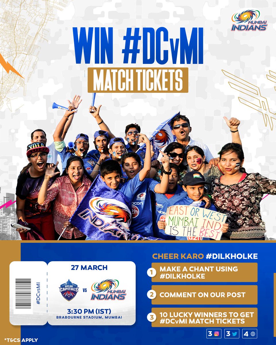 mipaltan's tweet photo. Paltan, make your own chant using #DilKholKe and stand a chance to be among 10 lucky winners to win #DCvMI match tickets 🥳🎟️

3⃣ winners from Twitter, 3⃣ from Instagram &amp; 4⃣ from https://t.co/1ic55Je4QD will be chosen. 💙

T&amp;Cs: https://t.co/rnxD7kucwA

#OneFamily #MumbaiIndians https://t.co/jiIZNAzsug