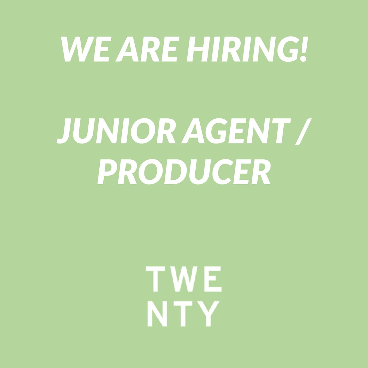 twentytwenty_'s tweet photo. We are looking for a Junior Agent / Producer to join our expanding team! More info on our website - https://t.co/ASnNBvAo4f https://t.co/dUGZO4P0kV
