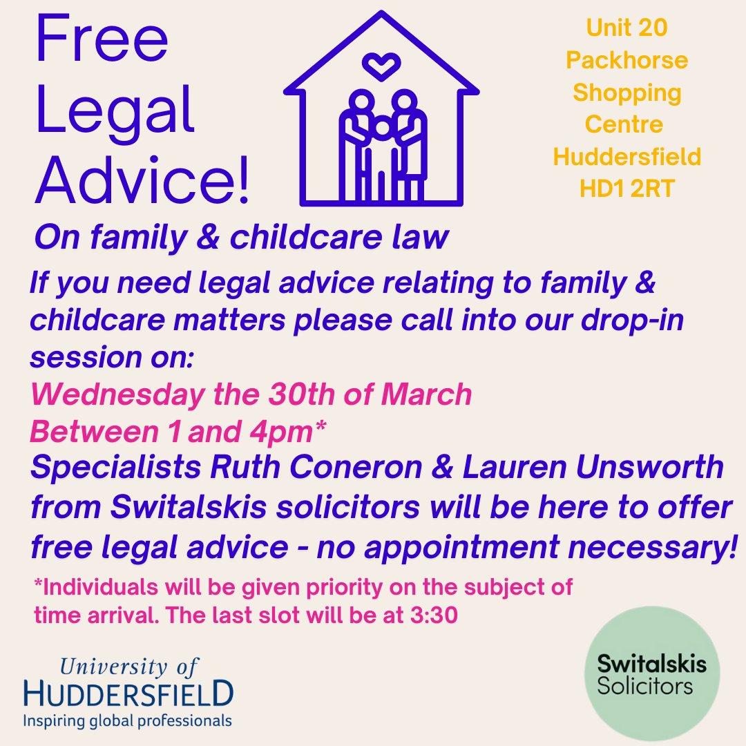FREE drop-in session for legal advice from Ruth Coneron &amp; Lauren Unsworth from <a href="/Switalskis/">Switalskis Solicitors</a>. Experts in all areas of Family Law  come and see us at the 
<a href="/PackhorseSC/">The Packhorse Centre</a> on 30/03/2022 between 1-4pm. No appointment needed!