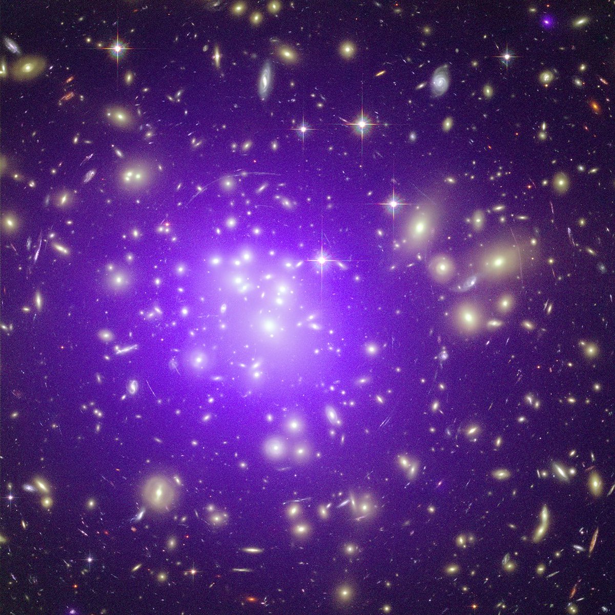chandraxray's tweet photo. About 2.3 billion light years from Earth, Abell 1689 is one of the most massive clusters of galaxies known. The arcs in this image are caused by gravity distorting the light of galaxies in the background — a phenomenon known as gravitational lensing. https://t.co/DTfSuY36nc https://t.co/CTH9VmuMou