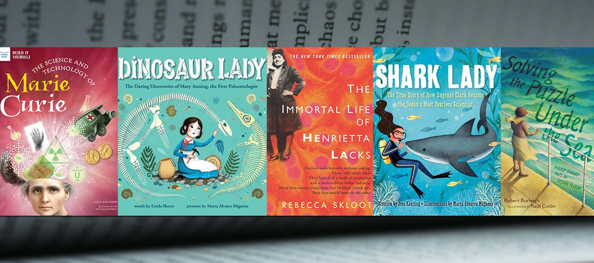 The five book covers in a row with book pages in the background.