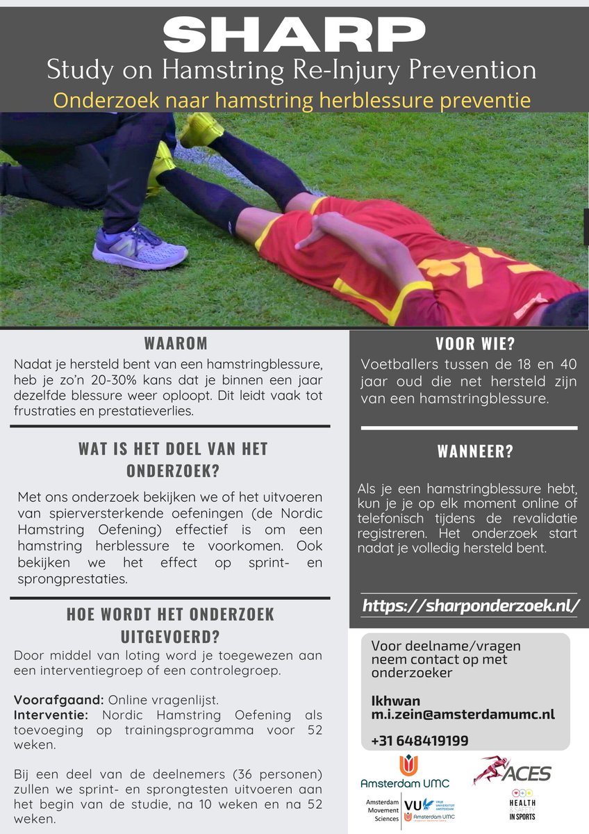 dr.M.Ikhwan Zein (@doc_ikhwan) on Twitter photo Hamstring Injury?
Join our study on hamstring re-injury prevention.
Please see our website for details : sharponderzoek.nl
CP: m.i.zein@amsterdamumc.nl
#hamstrings #injuryprevention #soccer #footballplayers #reinjury Hamstring Injury?
Join our study on hamstring re-injury prevention.
Please see our website for details : sharponderzoek.nl
CP: m.i.zein@amsterdamumc.nl
#hamstrings #injuryprevention #soccer #footballplayers #reinjury
