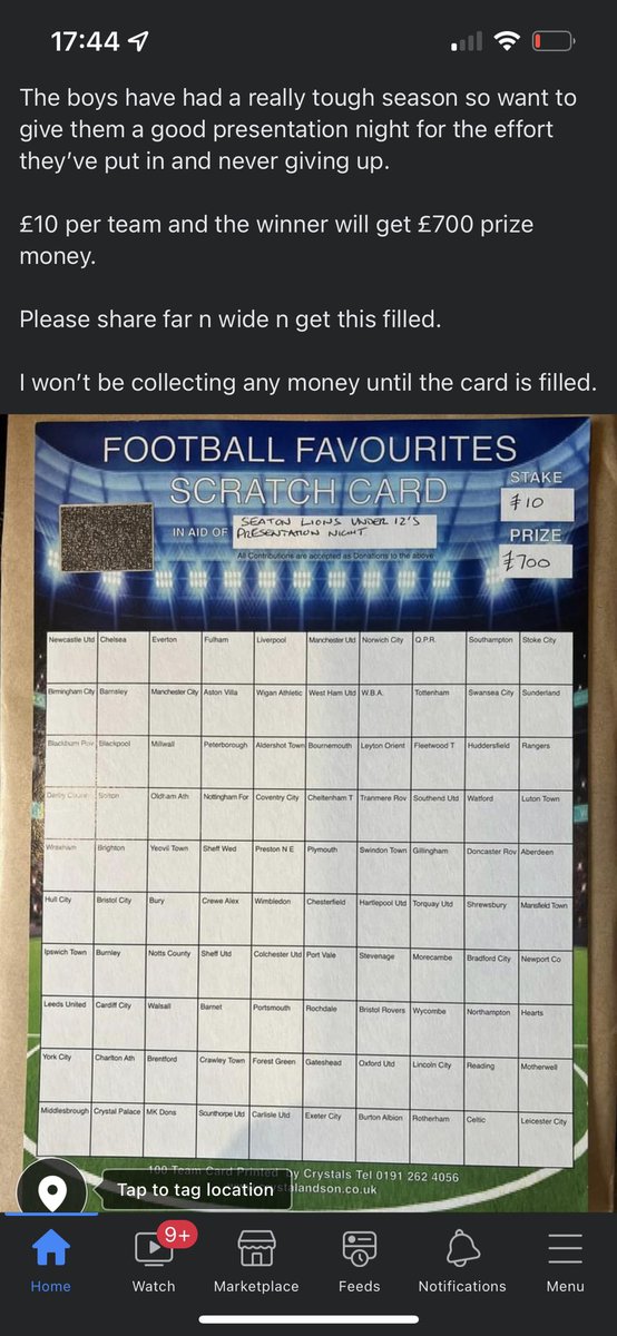 Raising money for my Under 12’s presentation night. Drop me a message if you want a team