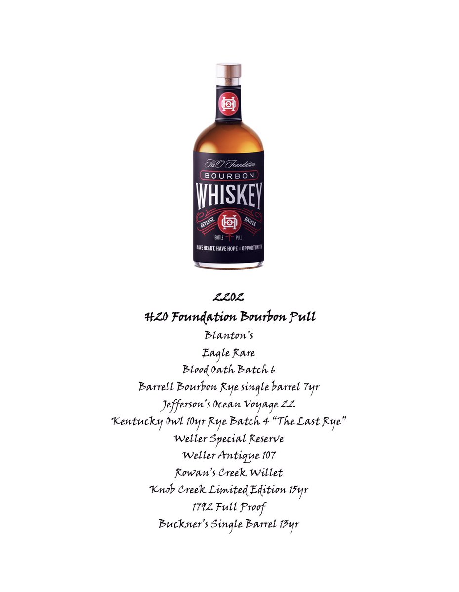H2O_Foundation's tweet photo. Our bourbon pull is right around the corner. We will be raffling off all 12 of these bottles on May 13th, and you do not need to be present to win! Each ticket is $25 or 5 tickets for $100! Contact Jim at jim@engelkecs.com if you are interested in supporting! https://t.co/cB8K80w7L8