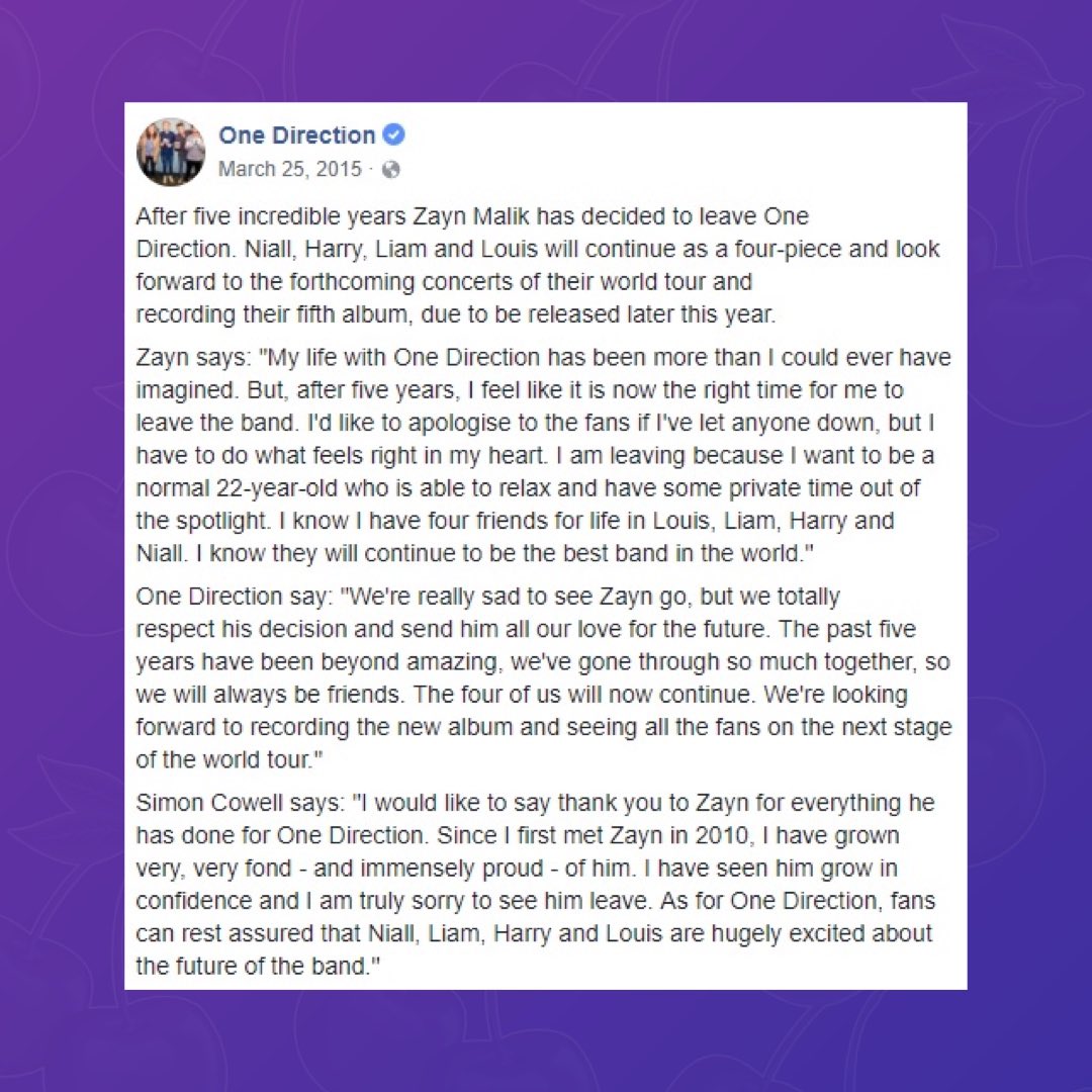 PopBase's tweet photo. 7 years ago today, Zayn Malik’s departure from One Direction was announced. https://t.co/blinnCVGPD