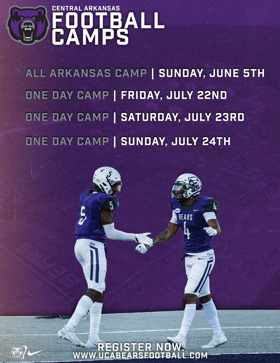 🚨PROSPECTS🚨

🗣: You don’t want to miss out on camping with the bears this camp season. We will be looking for athetes with hidden talents and grit to come join our family. Who’s next⁉️

Be sure to lock in and register your spot
🔗: ucabearsfootball.com