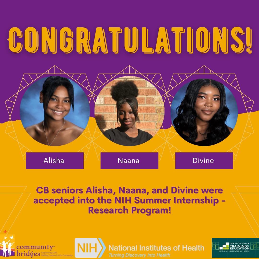 Congratulations to CB girls Alisha, Naana and Divine for being accepted into the <a href="/NIH/">NIH</a> Summer Internship-Research program. This summer they wil conduct biomedical research while working alongside some of the leading scientists in the world.
#CBEmpowergirls #WomenInSTEM #educate