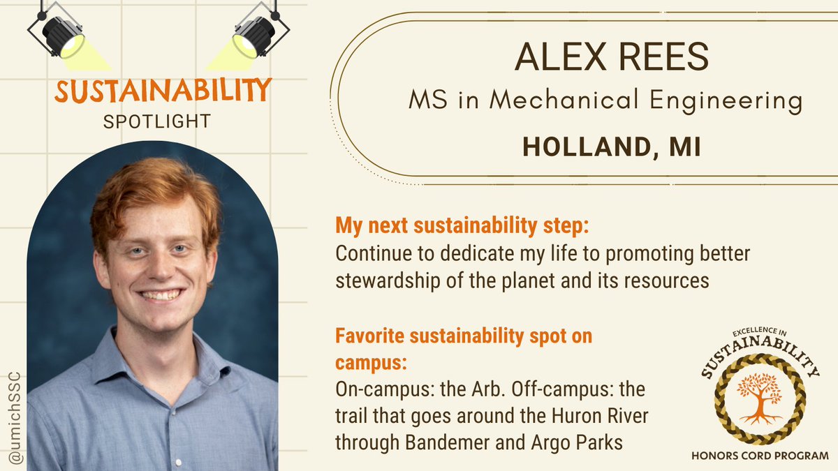 umichSSC's tweet photo. .#SustySpotlight honors Alex Rees, graduating April '22 from @UMengineering w/ MS Mechanical Engineering. Alex's career aspirations are focused in engineering policy &amp; sustainability. Post graduation, Alex will continue promoting better stewardship of the planet &amp; resources! https://t.co/w5Rzh5heEI