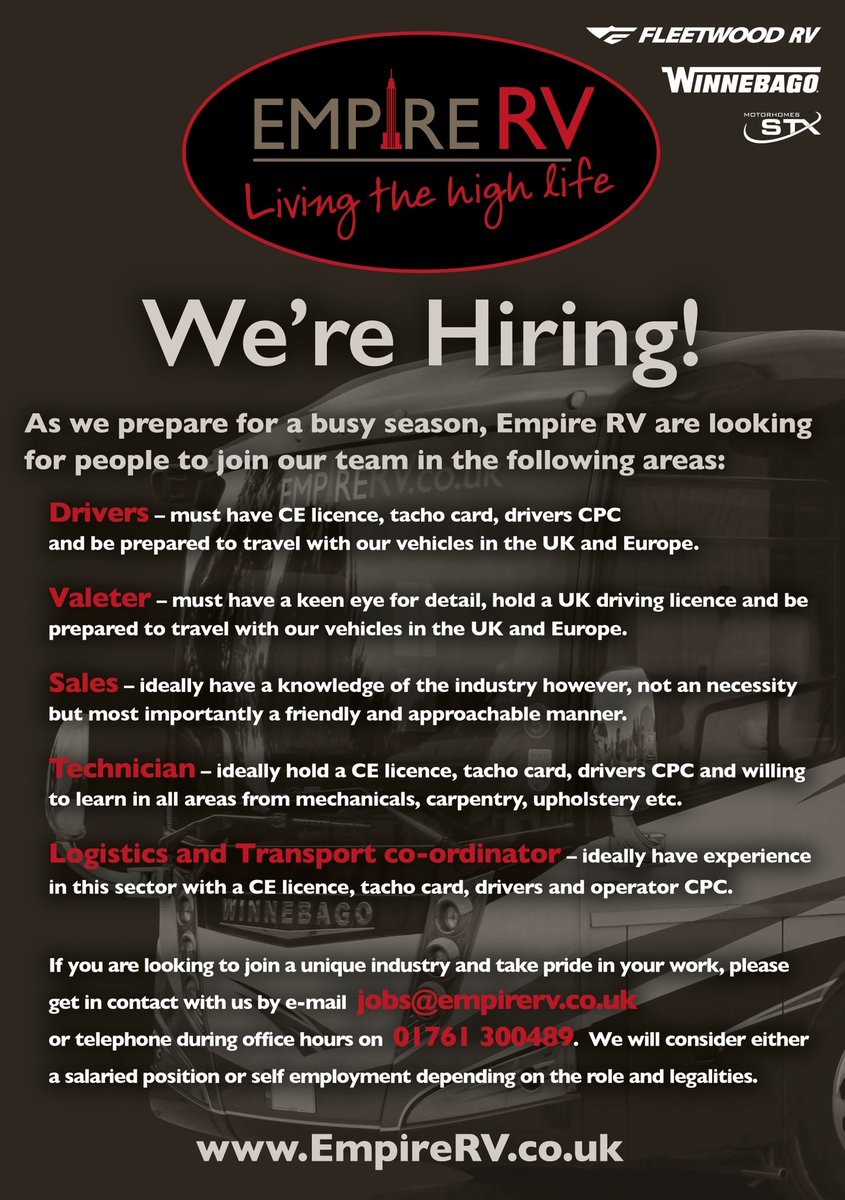 Empire RV are recruiting! Please get in contact if you are looking to join a unique, exciting and fast pace industry!
