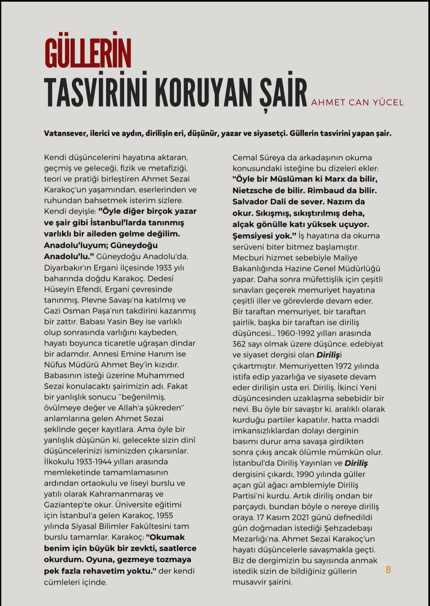 " Öyle diğer birçok yazar ve şair gibi İstanbul'larda tanınmış varlıklı bir aileden gelme değilim. Anadolu'luyum; Güneydoğu Anadolu'lu."

Dergimizin devamı için 👇🏻
edebiyattoplulugu.trakya.edu.tr/news/gundondu-…
