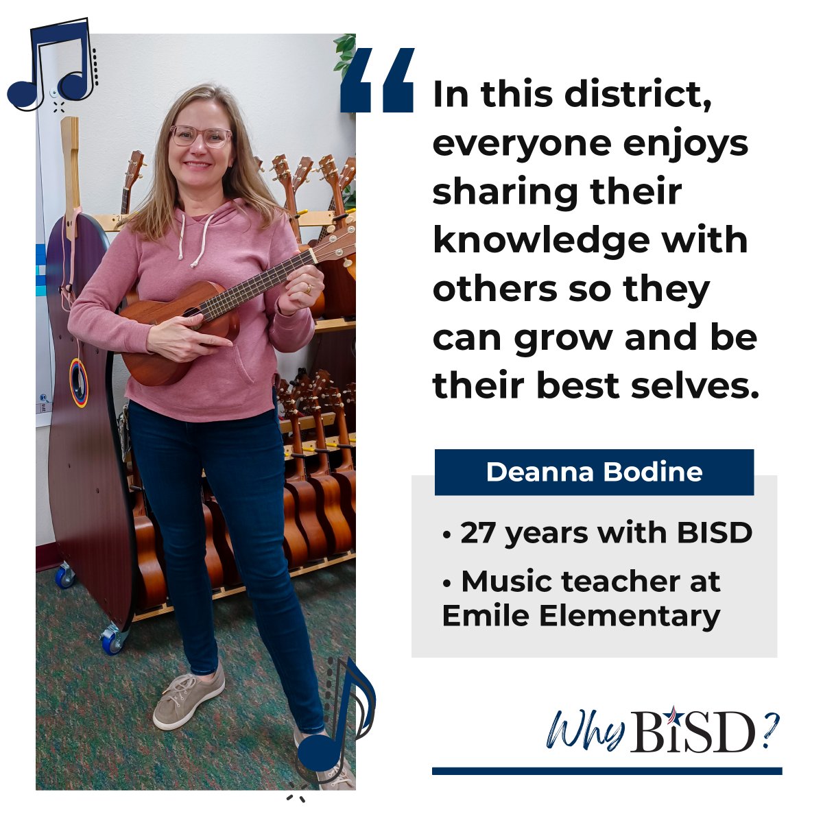 BastropISD's tweet photo. Deanna Bodine has been with Bastrop ISD for over 27 years. See why she chooses to teach music at Emile Elementary. #WhyBISD https://t.co/ncuhoInAYl