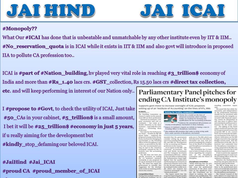 acaamitsharma's tweet photo. #Jai_ICAI
#proudCA #proud_member_of_ICAI
Inviting all Charteted accountant and CA students to pls Retweet it and trend #boycott_IIA. https://t.co/CjrFj81hAq