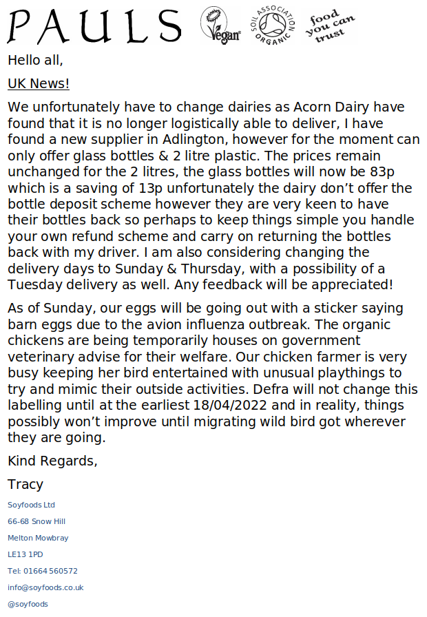 Please find our latest newsletter, below, with information about milk and eggs.