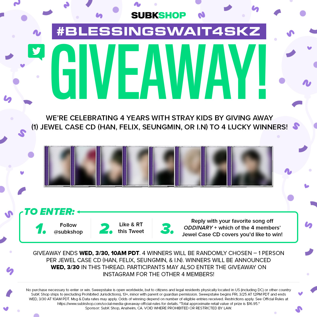 💜 GIVEAWAY 💜

We’re giving away (1) Jewel Case CD (Han, Felix, Seungmin, or I.N) to 4 winners for SKZ's 4th Anniversary!

To Enter: 
1. Follow us
2. Like & RT 
3. Reply w/ your fave song on 'ODDINARY' + the cover you’d like to win!

#BlessingsWait4SKZ
#SUBKSHOP #SUBKSQUAD (1/3)