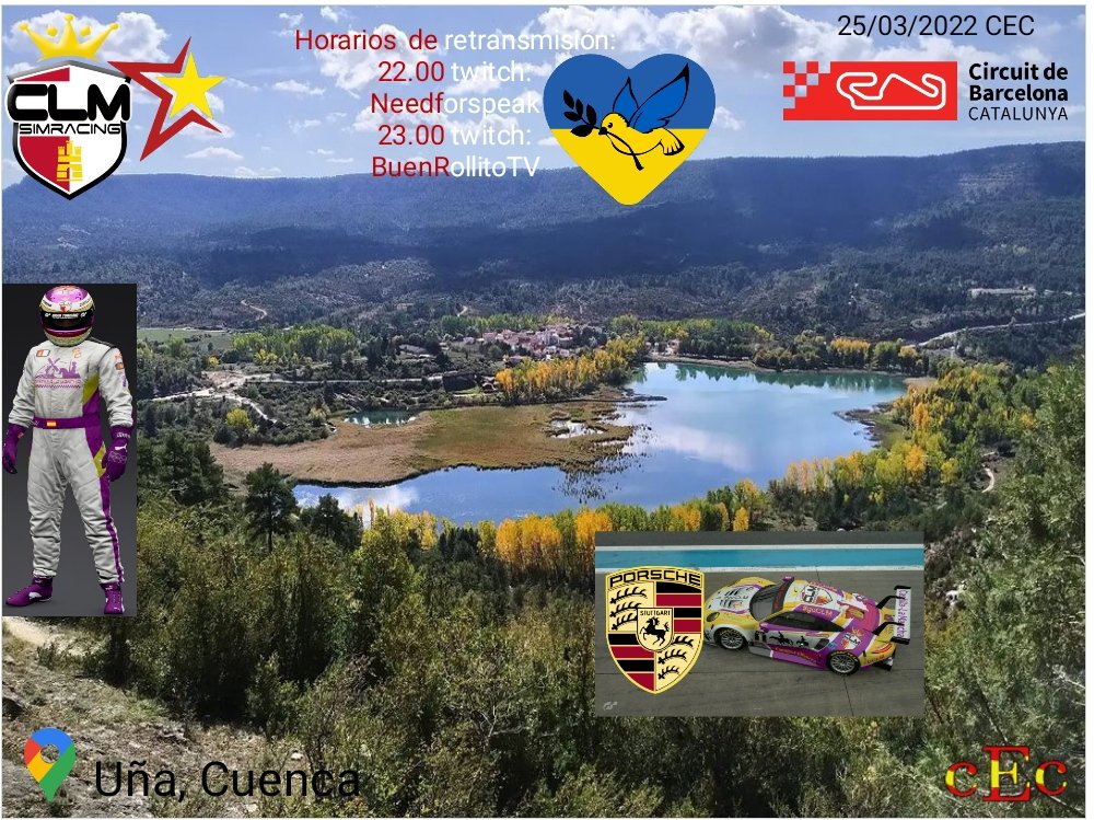 Hola buenas noches esta noche corremos la última ronda del <a href="/CECcomunidades/">CEC Campeonato Español De Comunidades</a> y nos quedamos en la península 🇪🇸!! 
🏁 <a href="/Circuitcat_es/">Circuit de Barcelona-Catalunya</a> 🇪🇸
🏎️ <a href="/Porsche/">Porsche</a> 
🎮 <a href="/1985Pirata/">Carter alien spain</a> 
🎮 @kikosc2027 
🖌️ Desing by <a href="/AJSF_design/">AJSF_design</a> 
#GoCLM