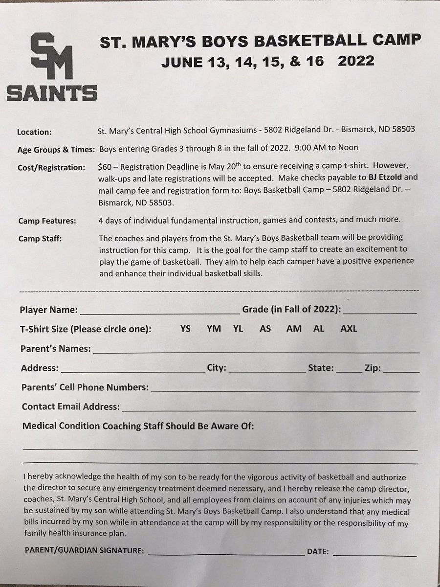 SMCHSbball's tweet photo. 🔥🏀SAINTS SUMMER BOYS BASKETBALL CAMP🏀🔥

Who: Boys entering Grades 3-8
When: June 13th - 16th (Mon-Thurs)
Where: St. Mary's Central HS
Time: 9 AM - Noon
Cost: $60

See pic below for more info on how to sign up! Can also head to our summer camp website:
https://t.co/mLauJPAiey https://t.co/ENMi349asB