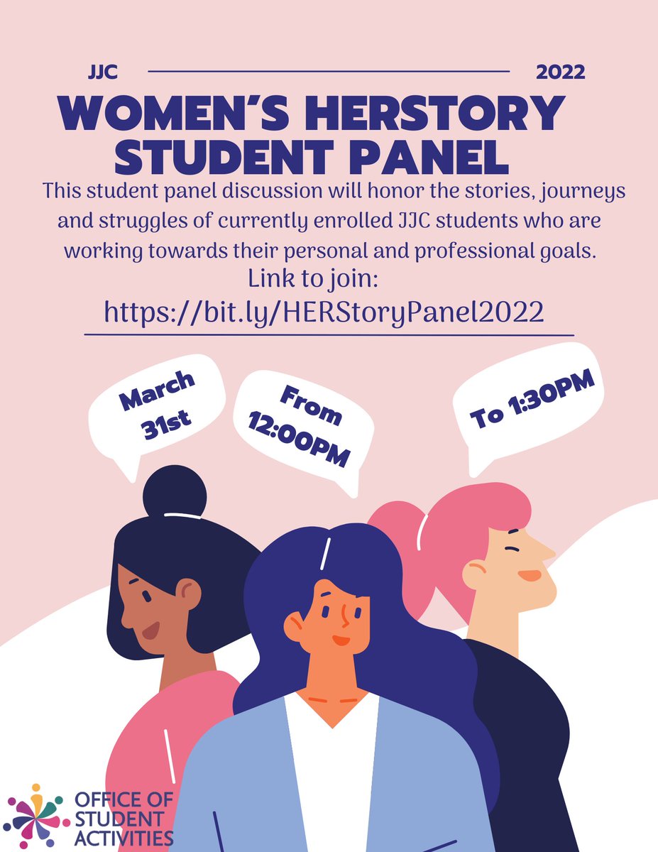 Final reminder, the last Women's HERstory month ever is TODAY!! Come join our student panel at 12pm to hear about the young women and their journeys! Join here: linktr.ee/JJCOSA