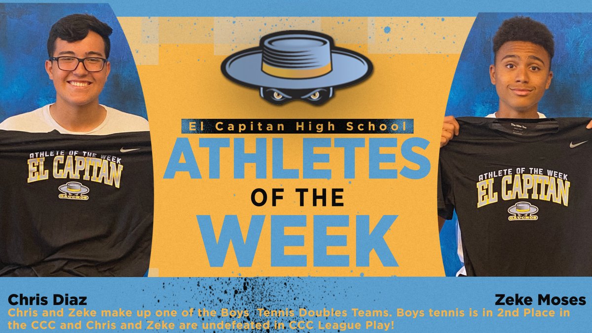 ECHS Athletics (@elcapathletics) on Twitter photo Congratulations to Chris and Zeke for being the Gaucho Athletes of the Week! Chris and Zeke are on the boys tennis team, and their doubles team is undefeated in CCC League Play! Go Gauchos!
<a href="/ecgauchos/">El Capitan HS 🤠</a> <a href="/GauchoNetwork/">Gaucho Network</a> <a href="/MercedUHSD/">MercedUHSD</a> Congratulations to Chris and Zeke for being the Gaucho Athletes of the Week! Chris and Zeke are on the boys tennis team, and their doubles team is undefeated in CCC League Play! Go Gauchos!
<a href="/ecgauchos/">El Capitan HS 🤠</a> <a href="/GauchoNetwork/">Gaucho Network</a> <a href="/MercedUHSD/">MercedUHSD</a>