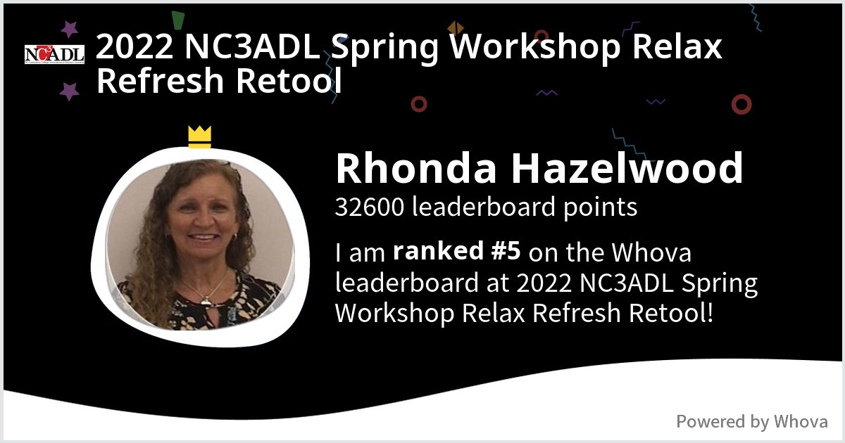 hazelwoodrl's tweet photo. I ranked #5 on the Whova leaderboard at 2022 NC3ADL Spring Workshop Relax Refresh Retool! #NC3ADL2022 - via #Whova event app https://t.co/KA5vRxGwBV