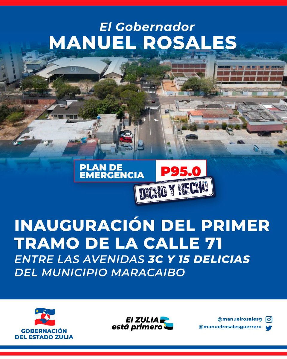 manuelrosalesg's tweet photo. En la celebración del Plan 95.0 avanzamos exitosamente en todo el estado.Hoy inauguramos el acondicionamiento y asfaltado de la calle 71 entre las avenidas 3C y 15 de Mcbo.Seguimos dando pasos firmes para la construcción de un Zulia productivo,moderno y desarrollado. #DichoYHecho https://t.co/eqcPyRFQfK
