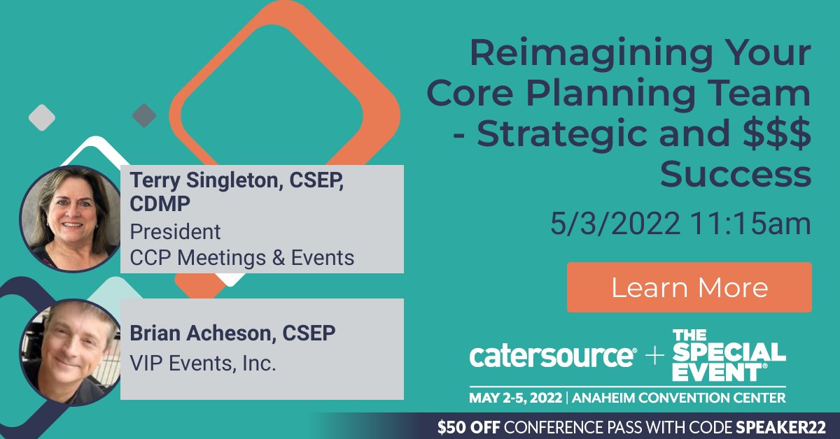 CCPEvents's tweet photo. Are you attending the @Catersource_llc + @TSECONF_EVENTS Conference and Tradeshow this year? Make plans to attend our workshop "Reimagining Your Core Planning Team – Strategic and $$$ Success" on May 3rd, co-hosted with VIP Events!  #TSE2022 #eventprofs https://t.co/LHIh3oKMoZ