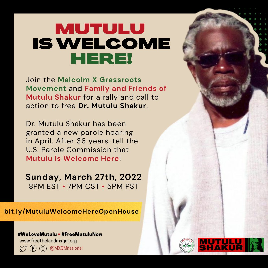 MUTULU IS WELCOME HERE PREP RALLY! 
THIS Sunday, March 27th 8:00-9:30 PM EST. 
Join us &amp; Family and Friends of <a href="/FreeDrMShakur/">Dr. Mutulu Shakur</a> 
for a "prep" rally to get ready for his new parole hearing.  Get updates on the campaign and how you can help #FreeMutuluNOW!  bit.ly/MutuluWelcomeH…