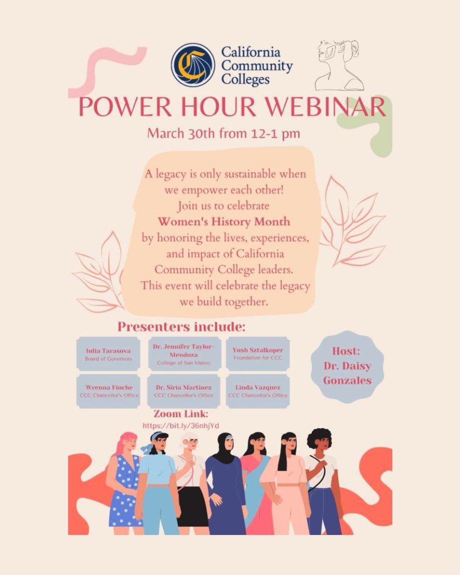 THECOALITIONCC's tweet photo. Join us as we celebrate Women’s History Month at the Power Hour Webinar hosted by the @CalCommColleges. We’ll hear from @daisygonzales @lindam_v @DoctoraSiria and more!
See you next Wednesday, March 30th form 12-1!
#unityisoursuperpower https://t.co/0mZMvXfH7c