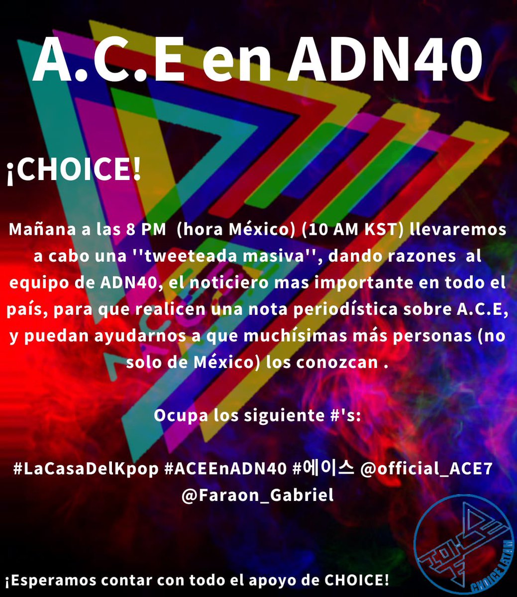 CHOICELatam's tweet photo. 🚨 #CHOICE #초이스 el fandom tiene que estar unido en esto 🚨

El día de mañana lxs convocamos a salir de sus cuevas 😁 para esta tweeteada masiva, démosle todas las razones al equipo de este noticiero para hacer una nota sobre A.C.E‼️

@official_ACE7 | #ACE | #에이스 https://t.co/SXuqgIcC91