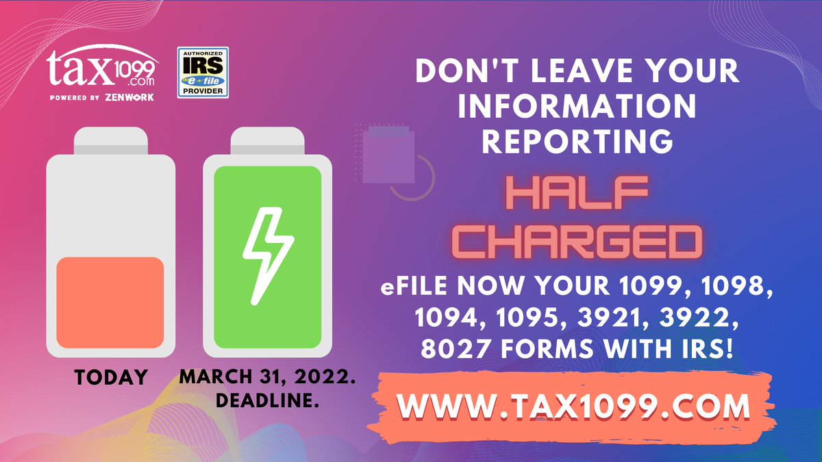 irsform1099's tweet photo. Don't Leave Your Information Reporting Half Charged.!
March 31, 2022, Is The #IRS eFiling Deadline For Forms 1099, 1098, 1094, 1095, 3921, 3922, 8027. Sign Up Now And File Your Forms - https://t.co/sCPzspvdjb
#tax1099 #1099taxes #1099reporting #digitalreporting #1099forms #efile https://t.co/VYf7DplLCh