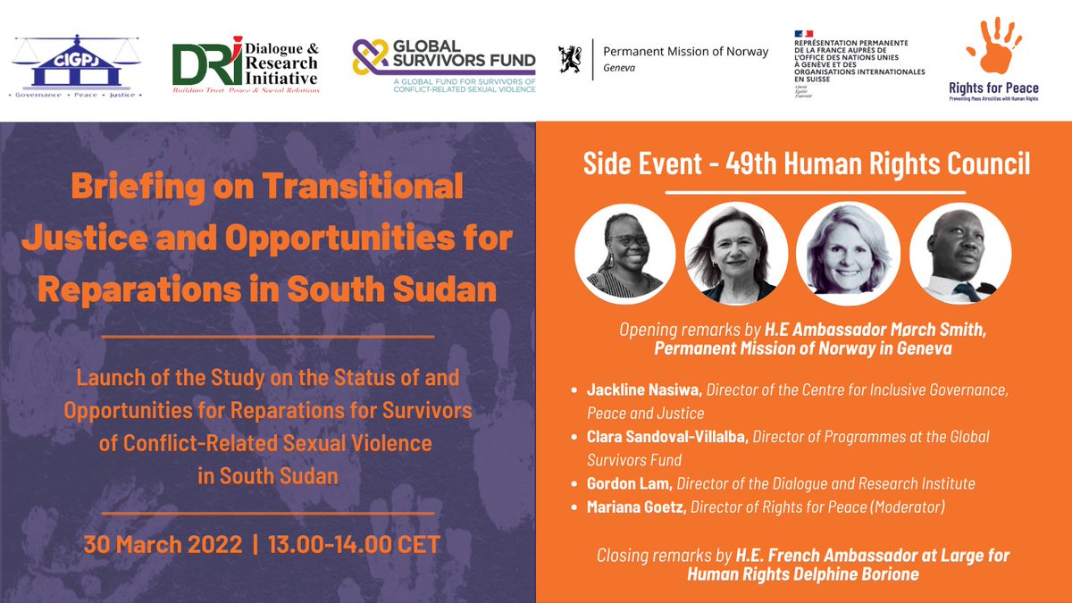 glsurvivorsfund's tweet photo. 📣JOIN US for a virtual briefing on #transitionaljustice and #reparations for survivors of #CRSV in South Sudan 🇸🇸, in collaboration with our partners @CIGPJ1 @peace_rights @DialogueResear1!

🗓️Wednesday 30th March 2022
🕑13:00 CET
🔗https://t.co/w96Fjpn7PB https://t.co/MYsZaipgxI