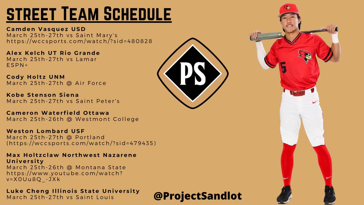 ProjectSandlot's tweet photo. The Street Team heads into another weekend packed with games as conference play is in full swing! Be sure to give these guys a follow and check out how they’re playing!
#streetteam #projectsandlot #collegebaseball #NCAABaseball #athletics #crypto https://t.co/k3ibyYhrdT