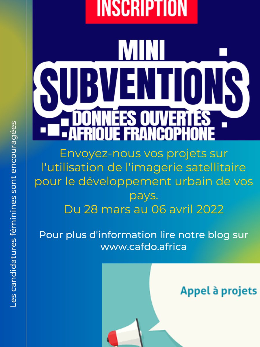 📢📢📢Appel à mini-projets sur le thème de notre webinaire du mois. 

1000 dollars canadien qui vous permettra de réaliser un projet dans l’optique d’améliorer la gestion des villes de votre pays.
 Lire plus... cafdo.africa/?p=3028 

 #Donnéesouvertes
 #donnéessatellites