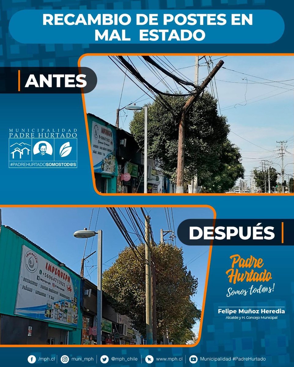 mph_chile's tweet photo. ¡¡¡SOLUCIONADO!!! CONTINUAMOS REPARANDO Y SUSTITUYENDO POSTES EN MAL ESTADO !!!
Nuestro equipo de #DIMAO gestionó la reparación y sustitución de postes de empresas de telecomunicaciones en la comuna.
#PadreHurtadoSomosTodos https://t.co/cA1DoSGUGQ