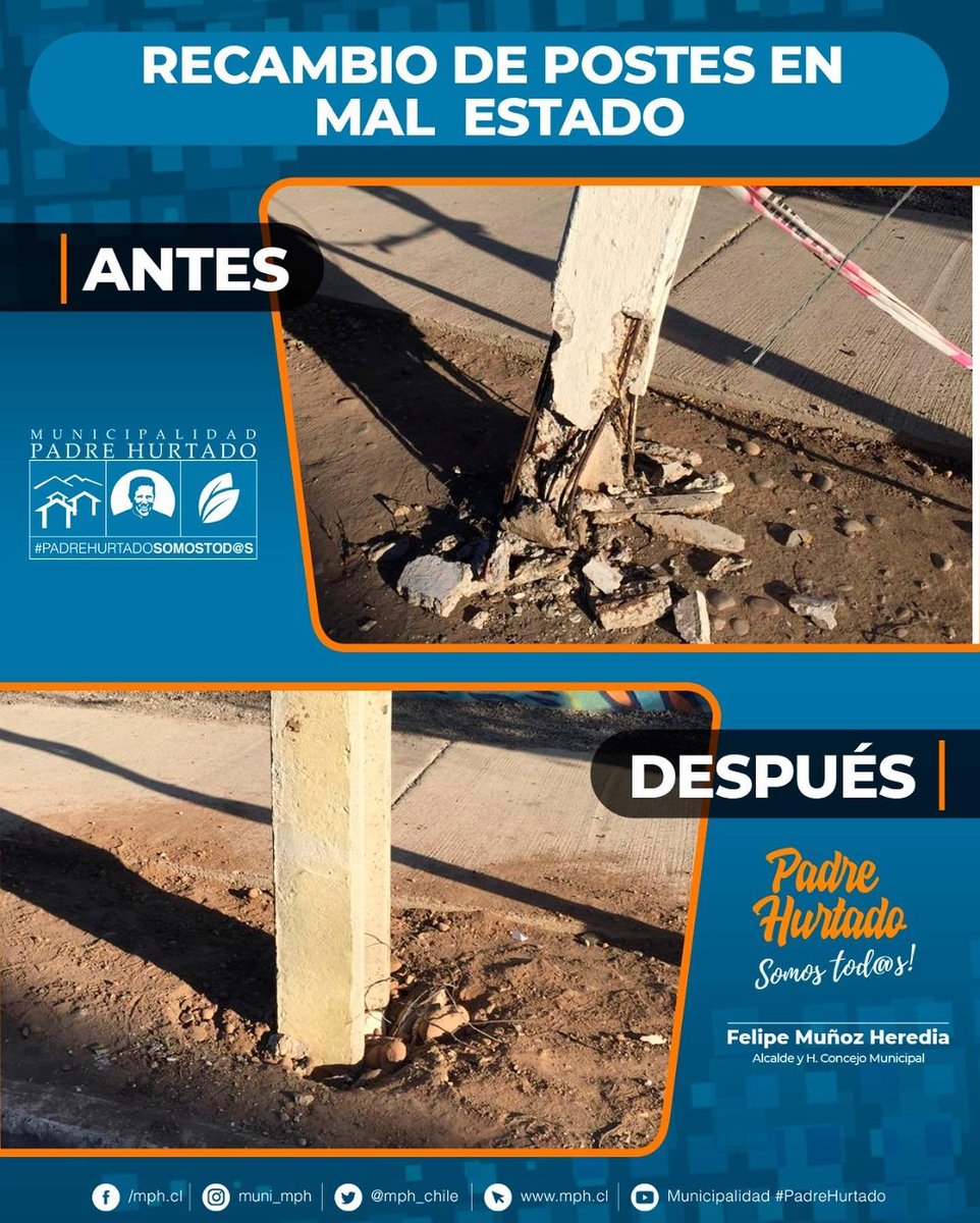 mph_chile's tweet photo. ¡¡¡SOLUCIONADO!!! CONTINUAMOS REPARANDO Y SUSTITUYENDO POSTES EN MAL ESTADO !!!
Nuestro equipo de #DIMAO gestionó la reparación y sustitución de postes de empresas de telecomunicaciones en la comuna.
#PadreHurtadoSomosTodos https://t.co/cA1DoSGUGQ