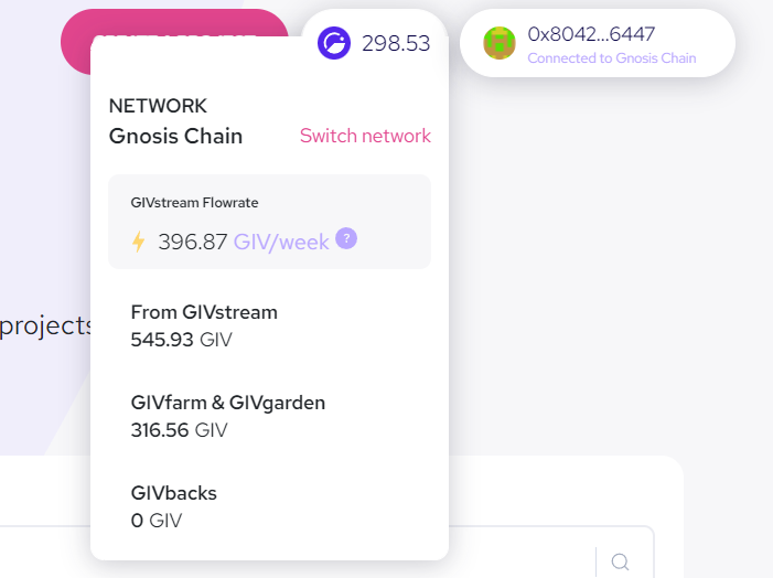 Giveth's tweet photo. 👀 See your $GIV rewards anywhere within the #DApp!
💰 Mouse-over the header to see your earnings from #GIVstream, #GIVfarm, #GIVgarden & #GIVbacks!
Toggle between #Mainnet & @gnosischain from the same menu. https://t.co/YVGeizoNwa