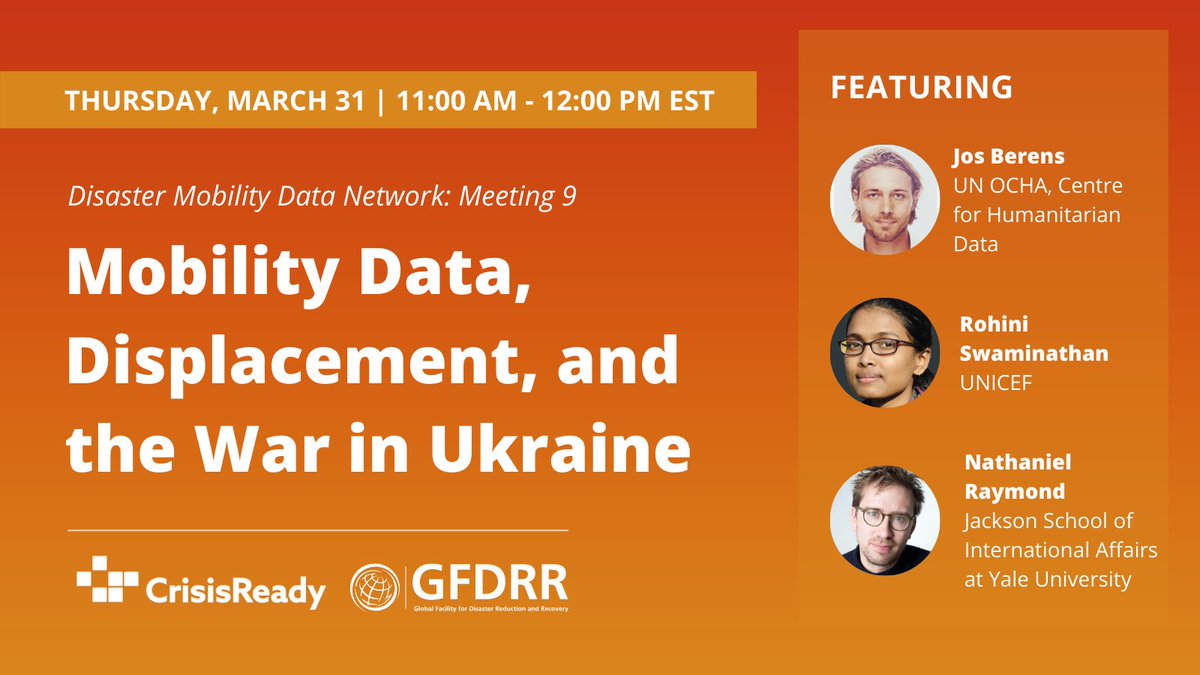 crisisreadiness's tweet photo. How does data responsibility, displacement analysis and the limits of mobility data play a role in the #UkraineWar
Join us for the upcoming #DMDN meeting on 3/31, where collaborators from @UNOCHA, @UNICEF & @JacksonYale will discuss this important topic:
https://t.co/2yjSmbuH5K https://t.co/HMtMjNNwmO
